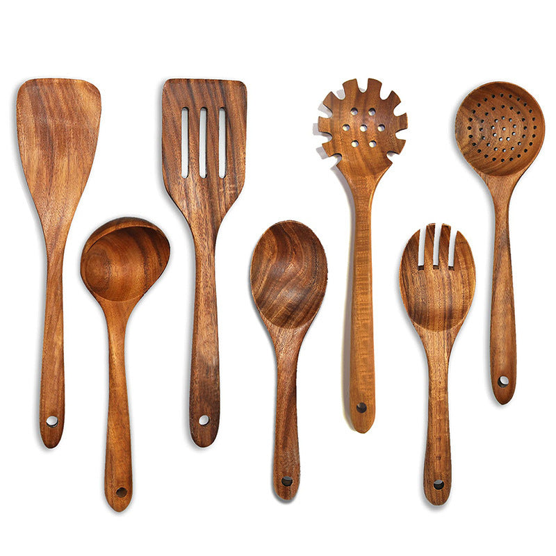 Household Acacia Wood Kitchenware Suit Teak Long Handle Soup Spoon Wooden Colander Non-stick Pan Shovel Wholesale
